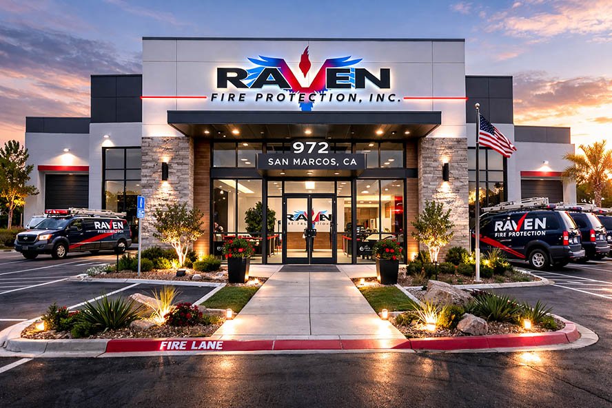 Raven Fire Protection headquarters building in San Marcos California with branded service vehicles and fire sprinkler service company signage