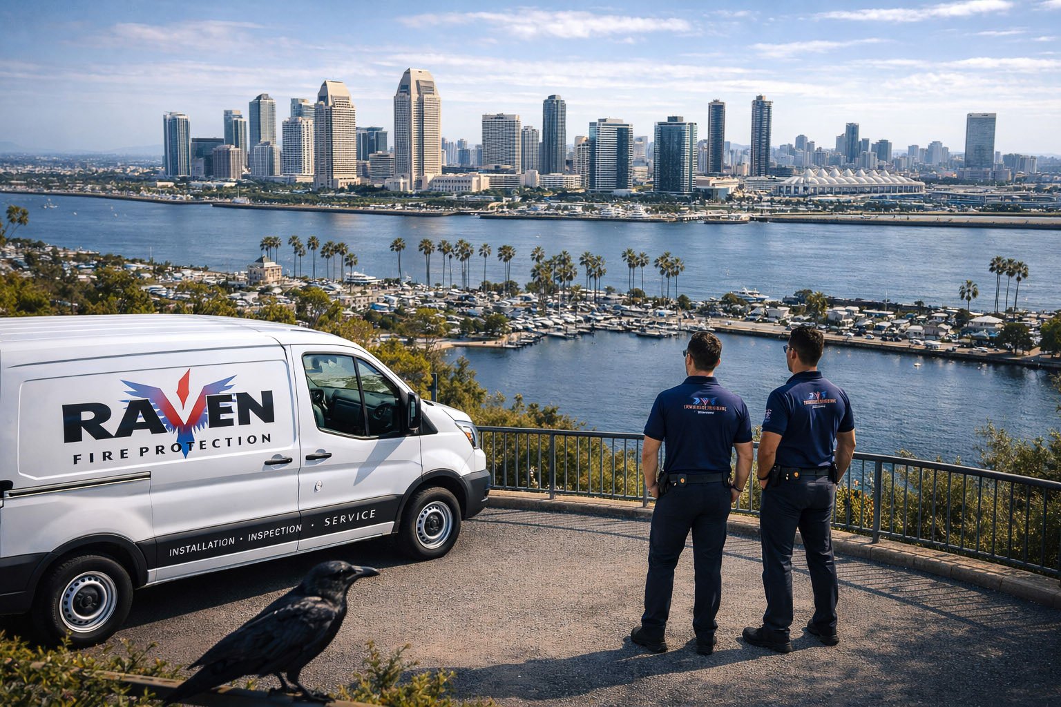 Raven Fire Protection fire sprinkler company San Diego technicians with service van overlooking downtown skyline providing commercial and residential fire sprinkler installation repair inspection and fire protection services