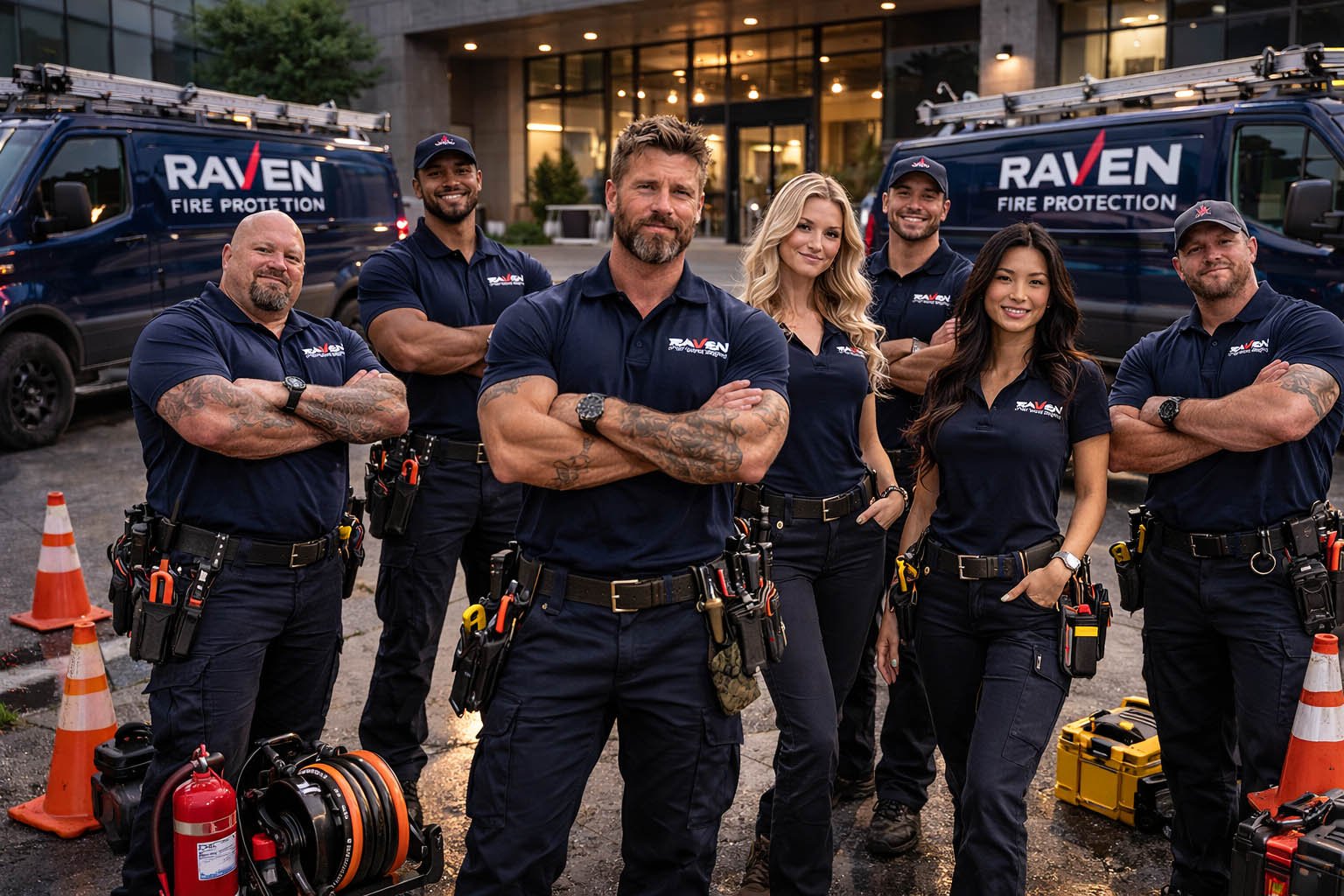 Raven Fire Protection fire sprinkler technicians servicing entire San Diego County standing in front of service vans
