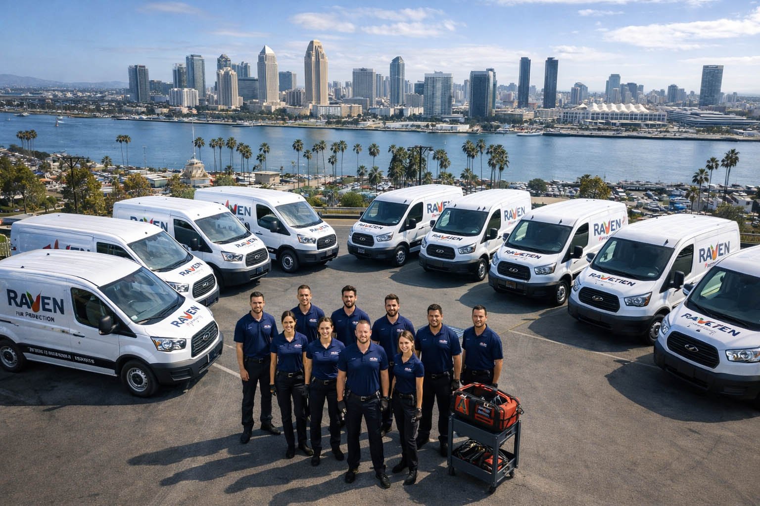 Raven Fire Protection team and service vans serving San Diego County providing emergency fire sprinkler repair and fire protection services